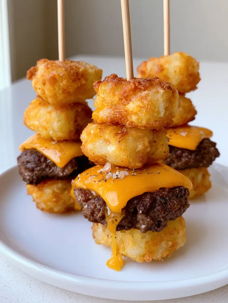 Tater Tot Cheeseburgers: The Ultimate Crispy Mini Slider Appetizer 2 Close-up of a hand holding a Tater Tot Cheeseburger slider, showing the texture of the crispy potato and the melted cheese drip.