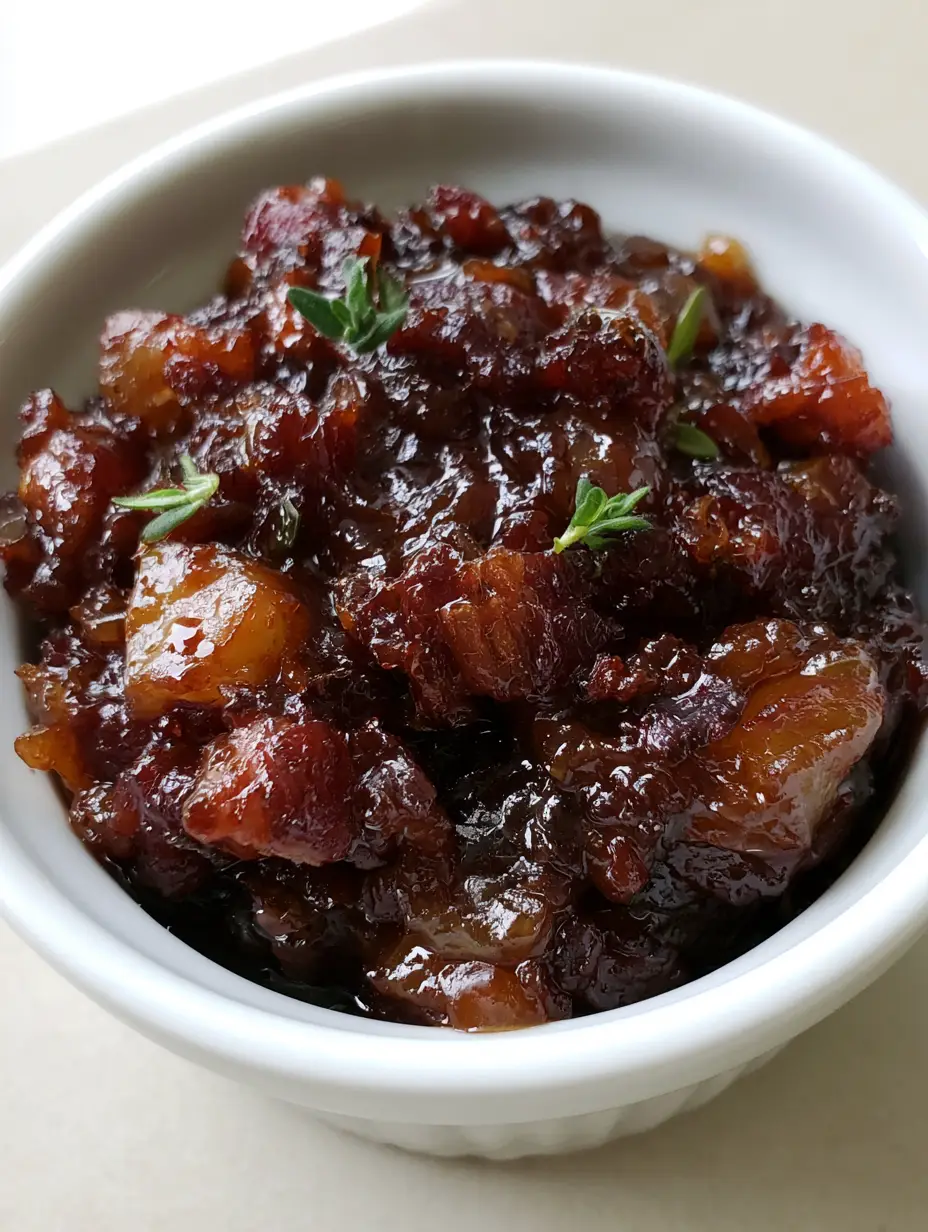 Apple Whiskey Bacon Jam with Caramelized Onions and Fuji Apples 3 Close up of Apple Whiskey Bacon Jam showing the dark mahogany reduction and fresh thyme garnish.