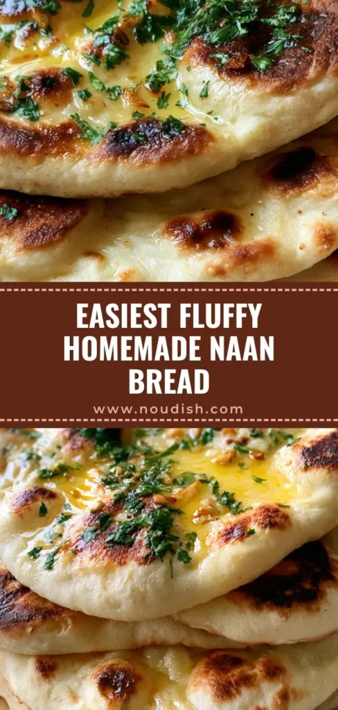 Homemade Naan Bread Recipe with Toasted Garlic and Ghee 4 A vertical stack of fresh Homemade Naan Bread with charred air bubbles, glistening golden ghee, and fresh cilantro. (Homemade Naan Bread Recipe)