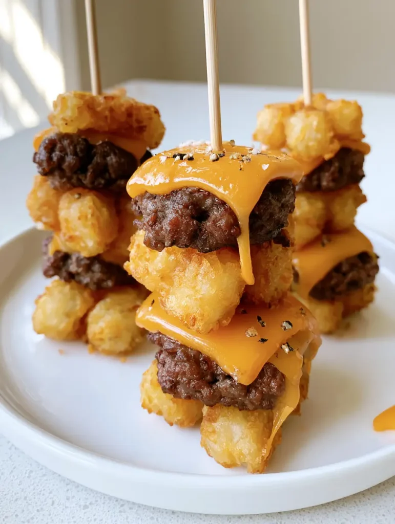 Tater Tot Cheeseburgers: The Ultimate Crispy Mini Slider Appetizer 1 A row of Tater Tot Cheeseburgers on a light kitchen counter, highlighting the cracked black pepper and juicy beef patties.
