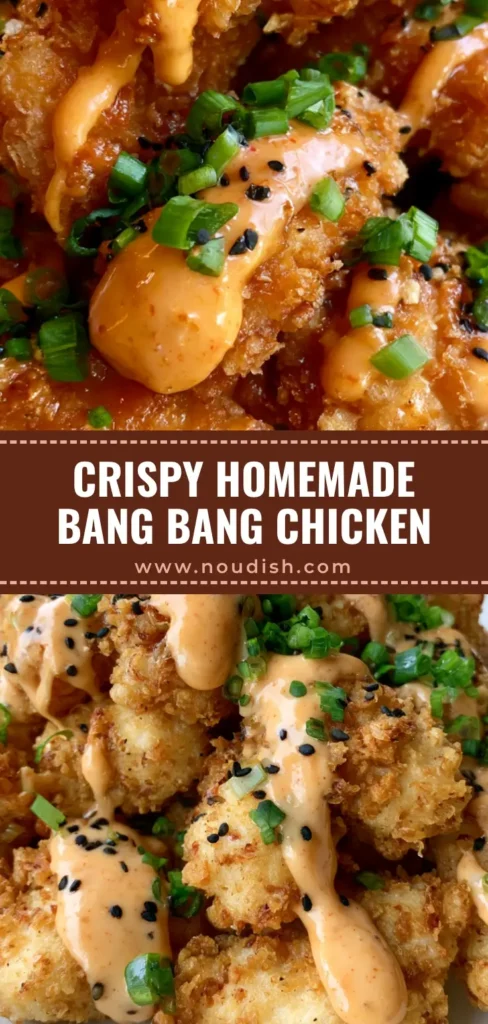 Bang Bang Chicken: Ultra-Crispy Panko Fried Chicken with Creamy Chili Sauce 4 A stack of golden-brown panko-crusted Bang Bang Chicken tenderloins drizzled with creamy orange-pink sauce on a white plate.