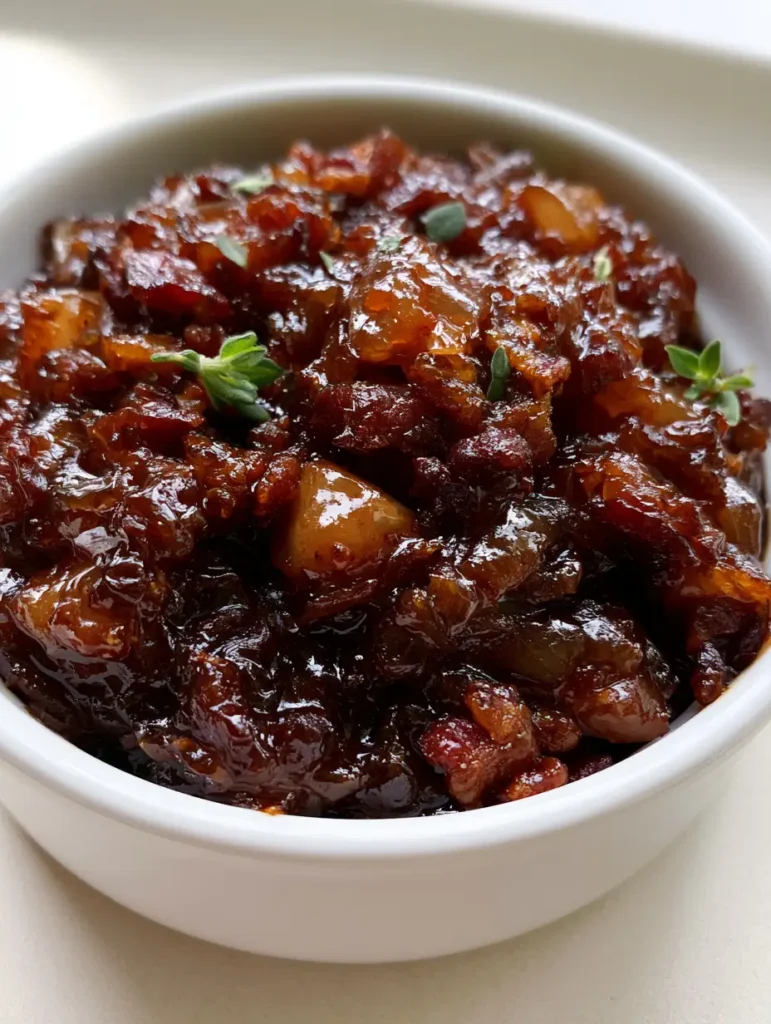 Apple Whiskey Bacon Jam with Caramelized Onions and Fuji Apples 1 Glistening Apple Whiskey Bacon Jam with translucent apple cubes and jammy onions in a white ceramic bowl.