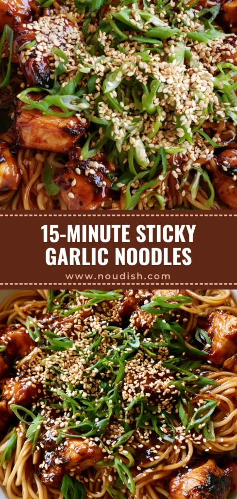 Sticky Garlic Chicken Noodles with Caramelized Garlic Glaze 3 A close-up vertical shot of Sticky Garlic Chicken Noodles in a white bowl with seared chicken chunks and a glossy amber glaze.