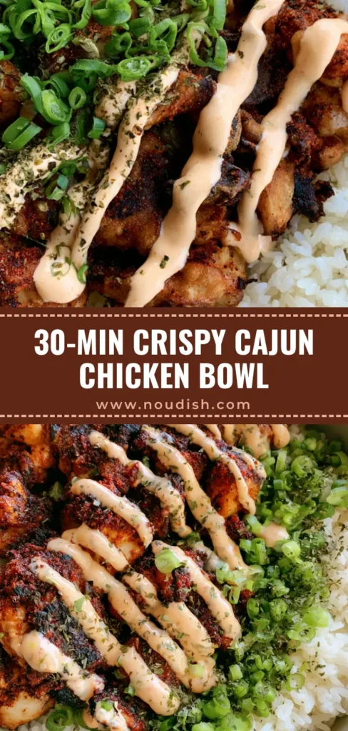 Crispy Cajun Chicken Rice Bowl with Creamy Spicy Mayo 4 A top-down shot of a Crispy Cajun Chicken Rice Bowl featuring charred chicken, jasmine rice, and spicy mayo zigzag.