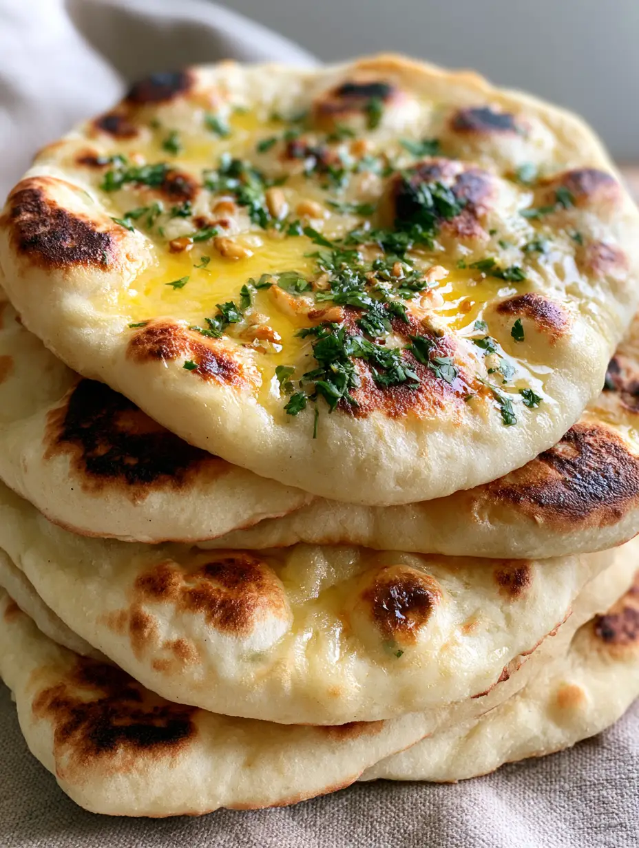 Homemade Naan Bread Recipe with Toasted Garlic and Ghee 3 Close-up of a stack of fresh naan bread on a linen surface showing soft pillowy texture and toasted garlic. (Homemade Naan Bread Recipe)