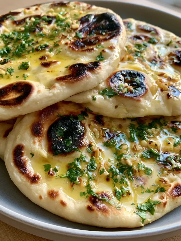 Garlic Naan Bread Recipe: Soft, Pillowy, and Skillet-Charred 2 Close-up of soft and flexible flatbread from our Garlic Naan Bread Recipe on a gray plate.