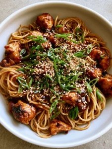 Handheld photo of a bowl of Sticky Garlic Chicken Noodles featuring glossy sauce and seared chicken chunks.