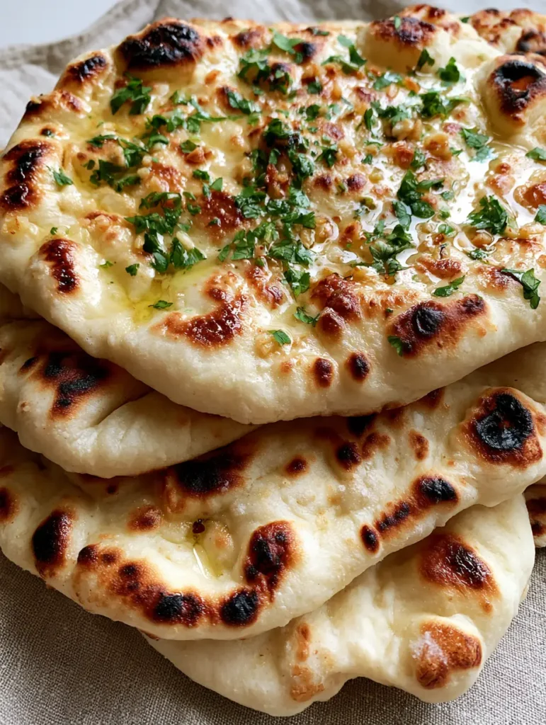 Homemade Naan Bread Recipe with Toasted Garlic and Ghee 1 Rustic homemade naan bread brushed with melted golden ghee and sprinkled with cilantro.