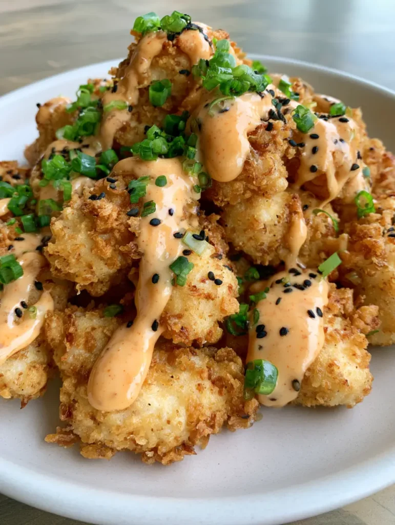 Bang Bang Chicken: Ultra-Crispy Panko Fried Chicken with Creamy Chili Sauce 1 A pile of golden-brown fried chicken tenderloins with Bang Bang sauce and sesame seeds on a ceramic plate.