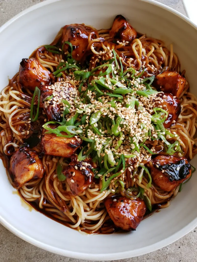 Sticky Garlic Chicken Noodles with Caramelized Garlic Glaze 1 Close up view of wheat noodles coated in a viscous garlic soy glaze with toasted sesame seeds and scallions.