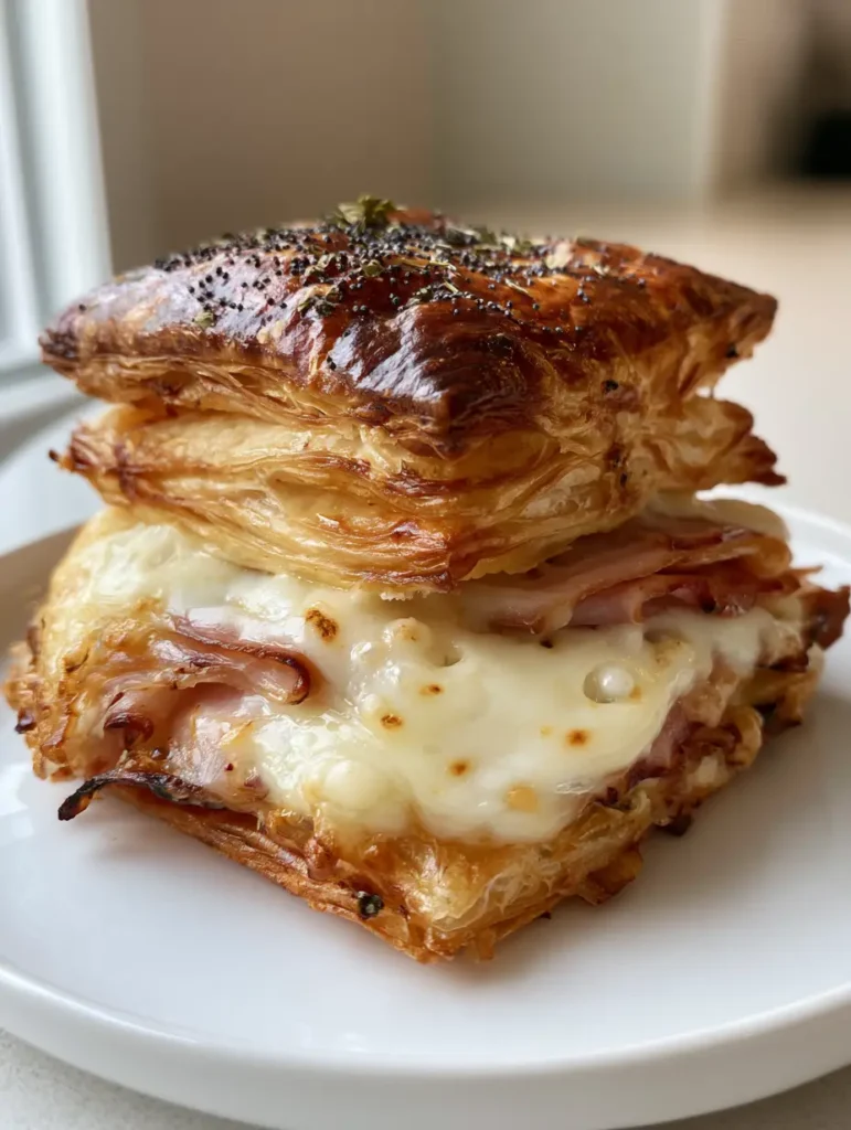 A stack of Ham and Cheese Puff Pastry squares on a white ceramic plate showing a dark gold finish.