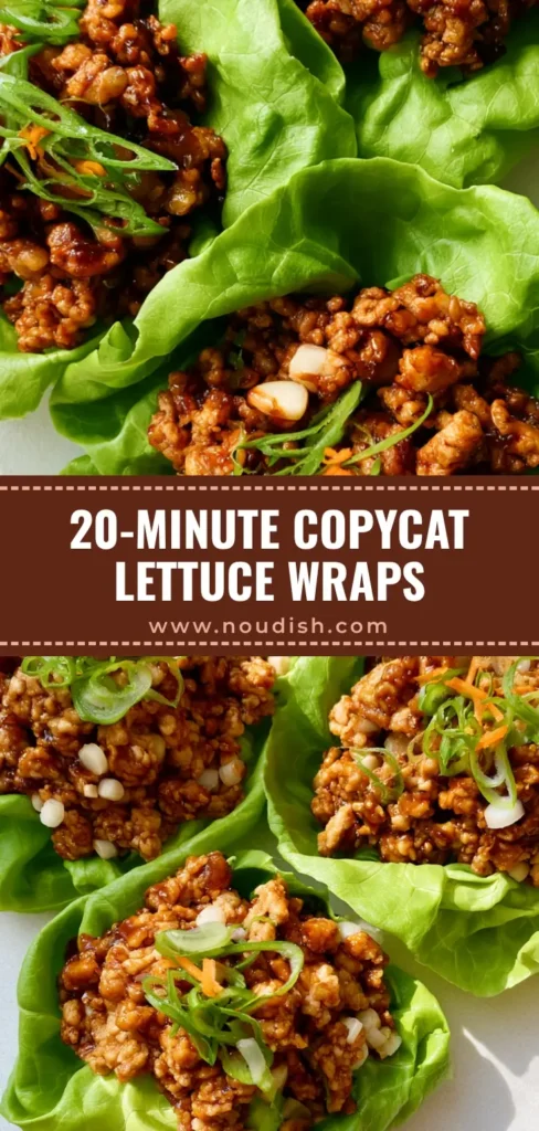 PF Chang’s Chicken Lettuce Wraps: The Ultimate 20-Minute Copycat 3 A vertical shot of PF Chang’s Chicken Lettuce Wraps featuring three vibrant green butter lettuce cups filled with glossy amber-glazed minced chicken, garnished with scallions and carrots on a white plate.