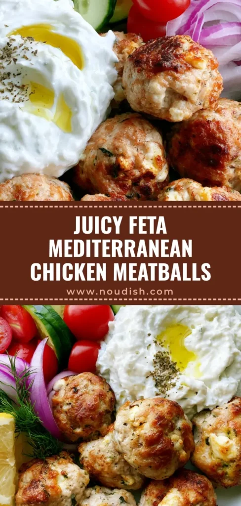 Mediterranean Chicken Meatballs with Feta and Creamy Tzatziki 4 A close-up shot of Mediterranean Chicken Meatballs in a white bowl with fresh cucumbers, tomatoes, and creamy tzatziki sauce.