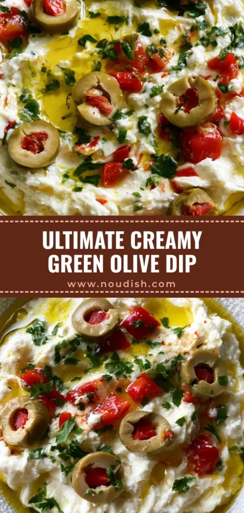 Creamy Feta and Green Olive Dip: The Silky Mediterranean Masterpiece 4 A handheld smartphone photo of a textured white ceramic bowl filled with Creamy Feta and Green Olive Dip, topped with EVOO, sliced pimento olives, and red peppers.