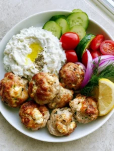 Top view of seared Mediterranean Chicken Meatballs showing visible feta cheese crumbles and green herbs.