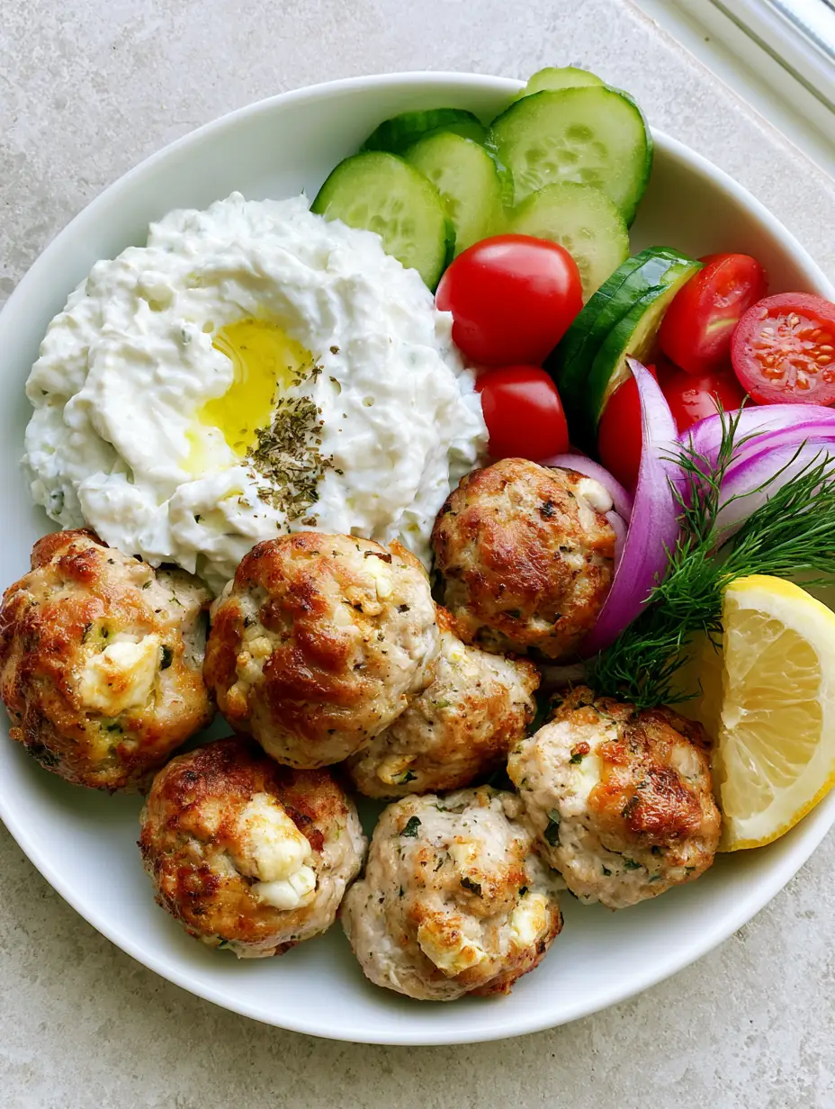 Mediterranean Chicken Meatballs with Feta and Creamy Tzatziki 3 Top view of seared Mediterranean Chicken Meatballs showing visible feta cheese crumbles and green herbs.