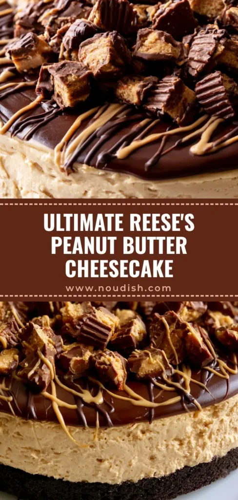 Peanut Butter Cheesecake with Chocolate Ganache and Reese's 4 A close-up shot of a thick Peanut Butter Cheesecake with glossy ganache and chopped Reese's on a white plate.