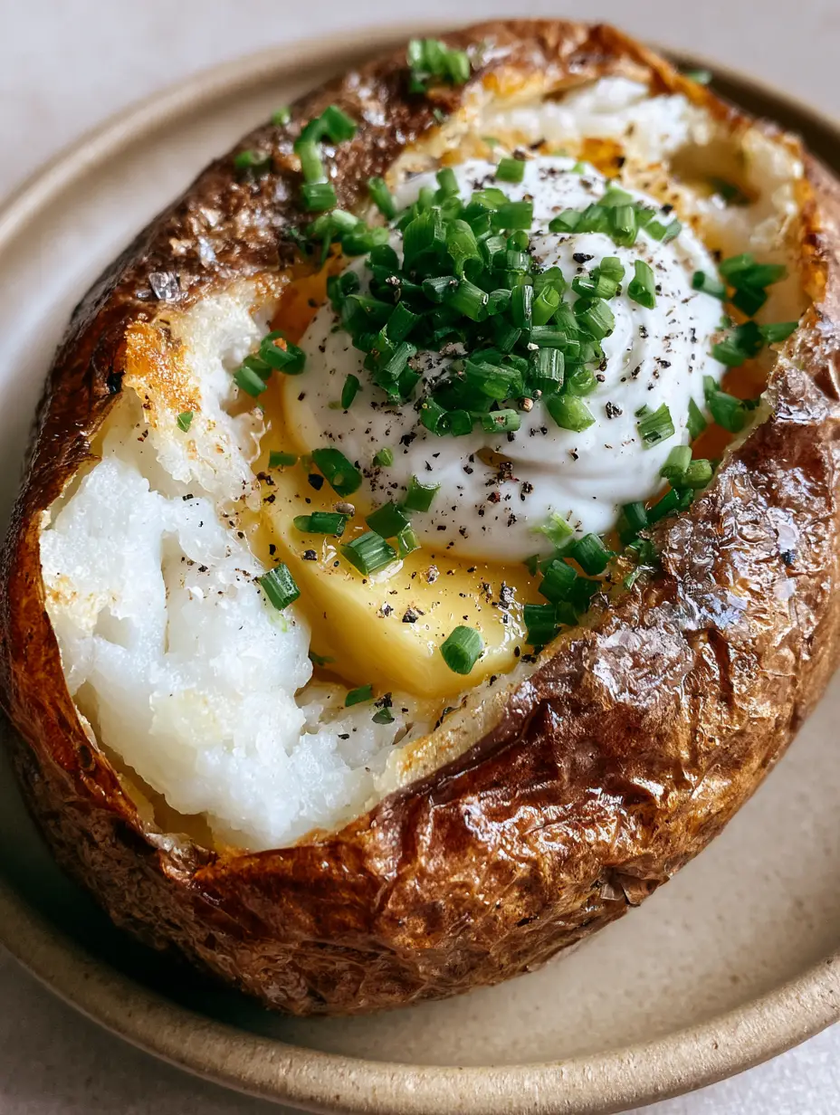 Close up shot of a Russet potato in the air fryer with a glistening oil coat and coarse sea salt crystals. (Air Fryer Baked Potato)