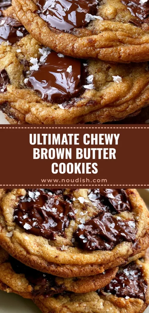 A tall stack of Brown Butter Chocolate Chip Cookies featuring rippled edges, melted dark chocolate pools, and a dusting of flaky sea salt on a matte plate.