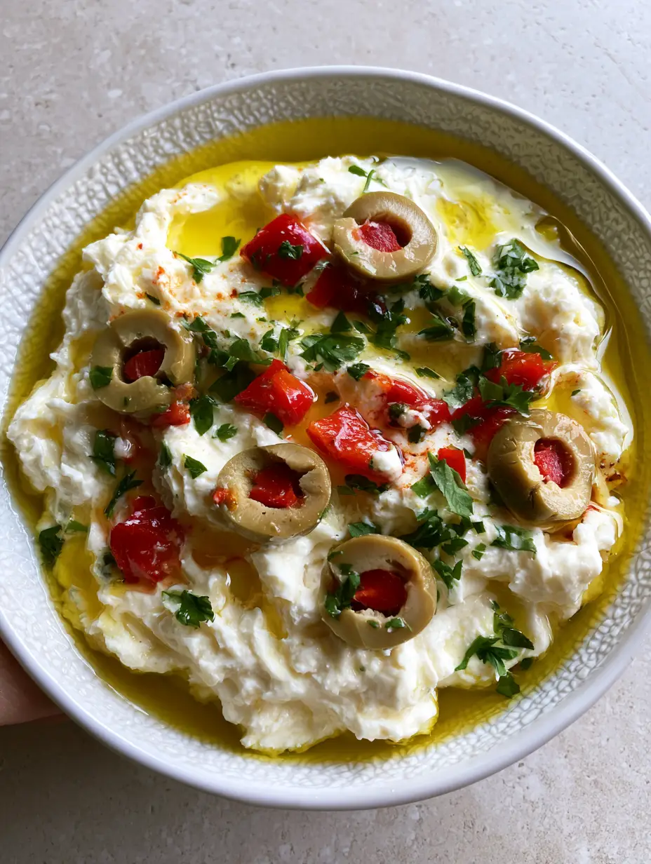 Creamy Feta and Green Olive Dip: The Silky Mediterranean Masterpiece 3 Overhead close-up of a rustic whipped Creamy Feta and Green Olive Dip in a white bowl with golden olive oil and red peppers.