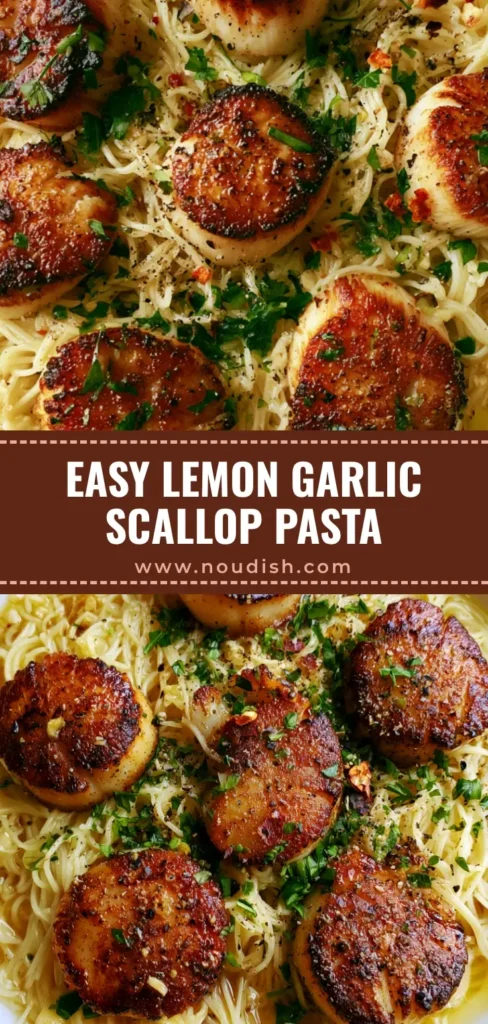 Lemon Garlic Scallop Pasta with Pan-Seared Sea Scallops 4 A top-down view of Lemon Garlic Scallop Pasta in a white bowl, topped with five perfectly seared golden-brown sea scallops and fresh parsley.