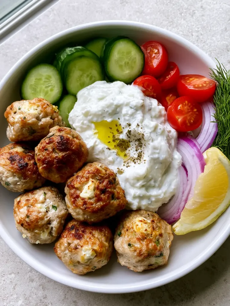 Mediterranean Chicken Meatballs with Feta and Creamy Tzatziki 1 A smartphone photo of a white ceramic bowl containing chicken meatballs, tzatziki, and sliced vegetables on a stone background.