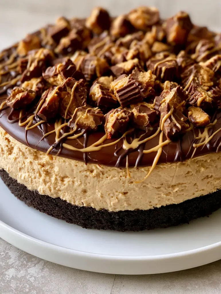 Peanut Butter Cheesecake with Chocolate Ganache and Reese's 2 Detailed view of the pale tan peanut butter filling and thick dark chocolate cookie crust.