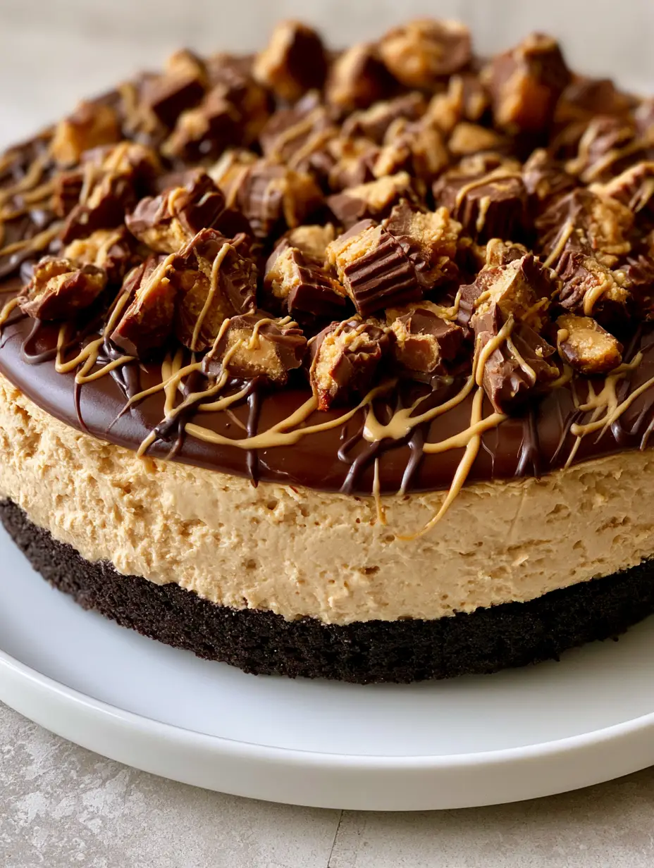 Peanut Butter Cheesecake with Chocolate Ganache and Reese's 3 Detailed view of the pale tan peanut butter filling and thick dark chocolate cookie crust.