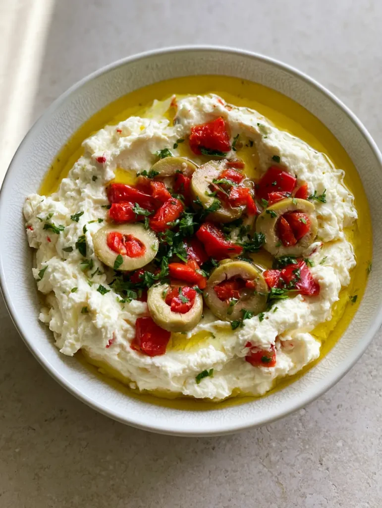 Creamy Feta and Green Olive Dip: The Silky Mediterranean Masterpiece 1 A handheld shot showing the thick consistency of Creamy Feta and Green Olive Dip being served.