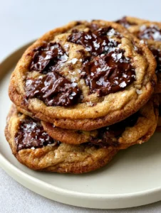 Close-up of thick chewy Brown Butter Chocolate Chip Cookies with visible toasted butter specks and glossy melted chocolate chunks.