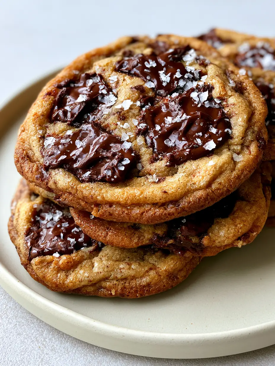 Close-up of thick chewy Brown Butter Chocolate Chip Cookies with visible toasted butter specks and glossy melted chocolate chunks.