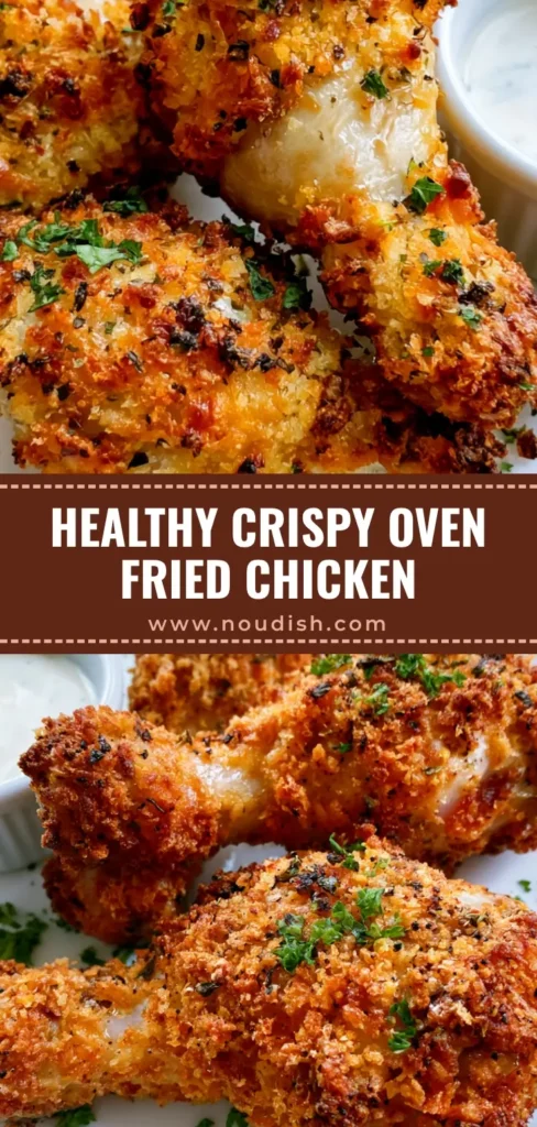 A stack of three crispy Oven Fried Chicken drumsticks with a golden-brown panko crust and parsley garnish on a white ceramic plate.