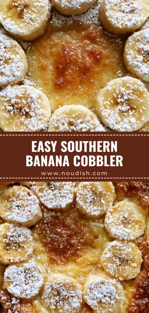 A close-up of Southern Banana Cobbler in a white fluted ramekin with golden caramelized edges and 7 banana slices on top.