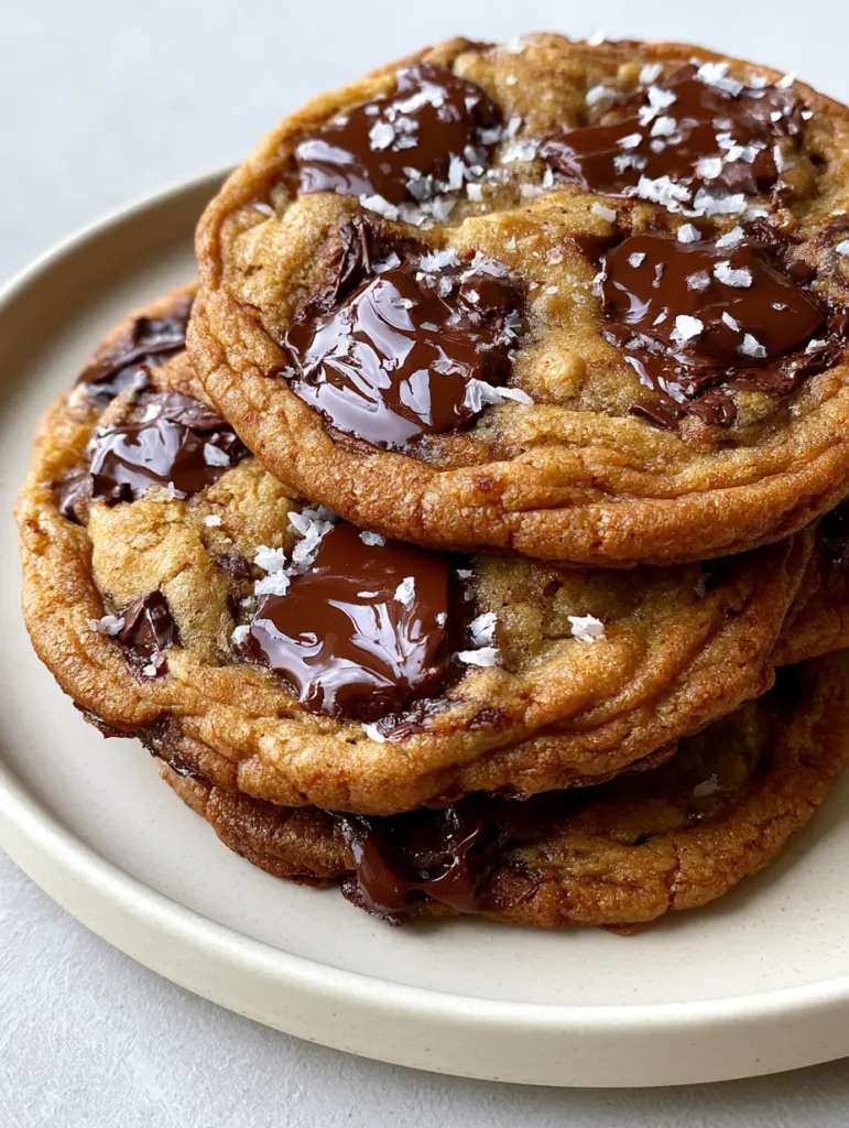 A stack of golden brown cookies with crispy rippled edges and soft centers on a grey background.