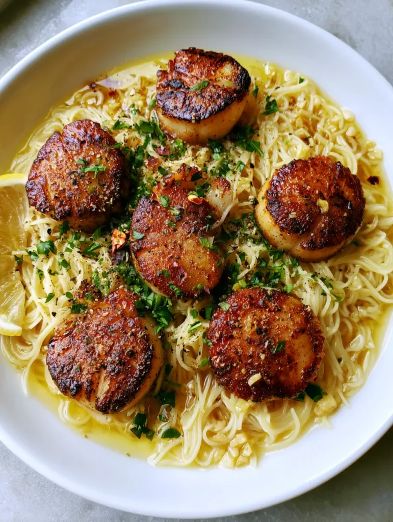 Lemon Garlic Scallop Pasta with Pan-Seared Sea Scallops 1 Detail shot of perfectly seared sea scallops with a dark golden crust sitting on thin pasta strands. (Lemon Garlic Scallop Pasta)