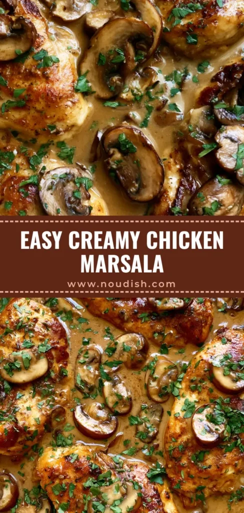 A top-down view of a stainless steel skillet with golden Chicken Marsala Recipe, featuring cremini mushrooms and a glossy cream sauce sprinkled with parsley.