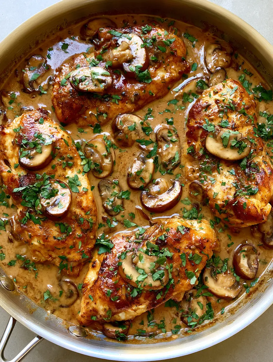 Close up of pan-seared chicken breasts in a light brown Marsala cream sauce with sautéed mushrooms. (Chicken Marsala Recipe)