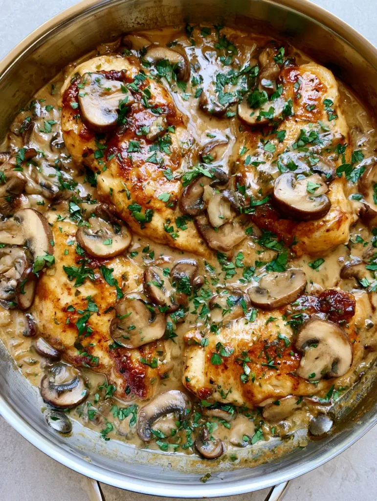 Top-down shot of the finished Chicken Marsala Recipe in a stainless steel skillet with parsley garnish.