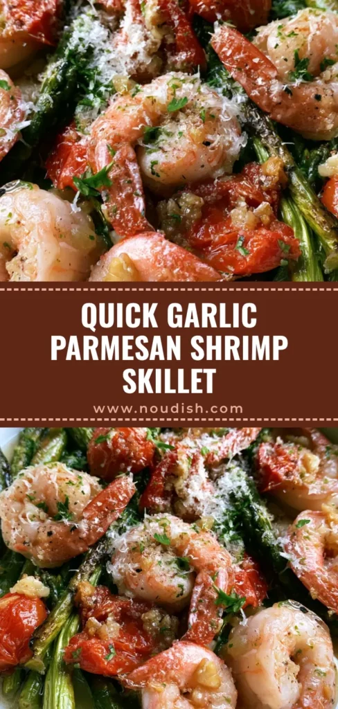 Garlic Parmesan Shrimp and Veggies: The Ultimate 20-Minute Sheet Pan Dinner 3 A shallow ceramic dish filled with pink seared shrimp, charred green asparagus, and blistered red cherry tomatoes, garnished with parmesan and parsley. (Garlic Parmesan Shrimp and Veggies)