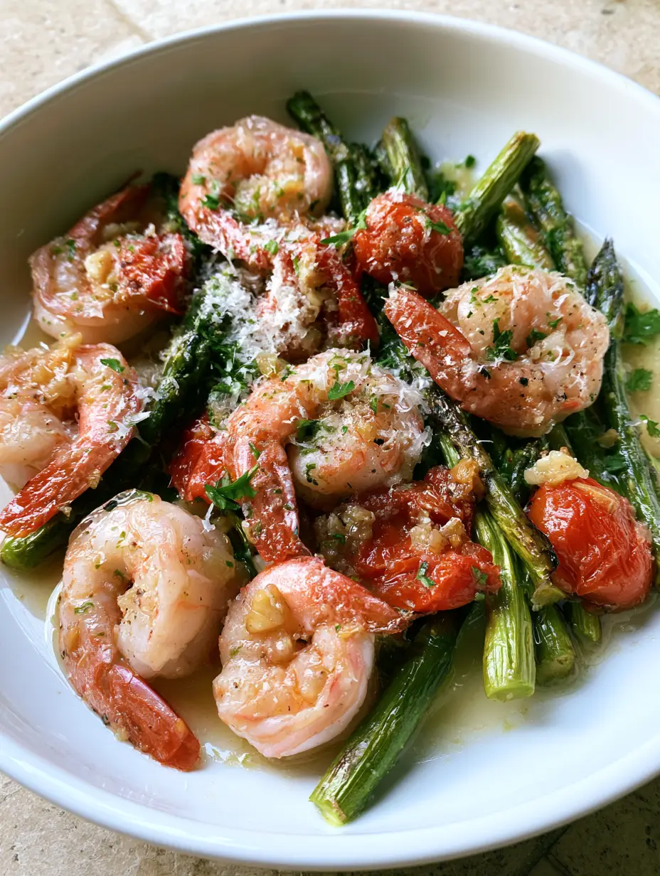 Garlic Parmesan Shrimp and Veggies: The Ultimate 20-Minute Sheet Pan Dinner 4 Close-up of seared shrimp with tails on and blistered tomatoes in a garlic butter sauce. (Garlic Parmesan Shrimp and Veggies)