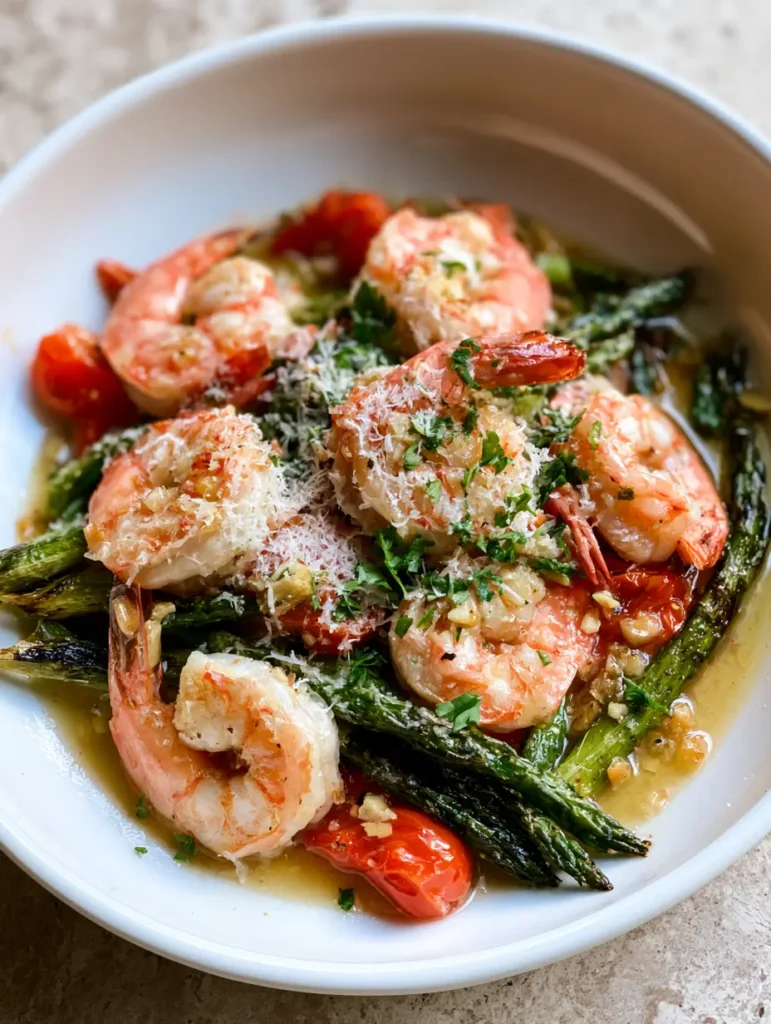 Garlic Parmesan Shrimp and Veggies: The Ultimate 20-Minute Sheet Pan Dinner 1 A wide shot of the finished Garlic Parmesan Shrimp and Veggies in a white dish on a stone countertop.