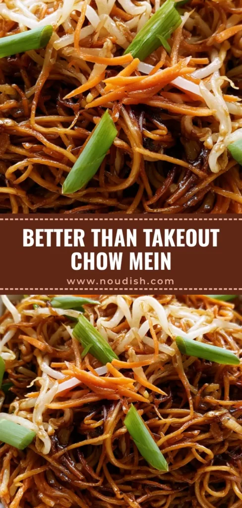 A close-up vertical shot of authentic Chow Mein with glistening thin wheat noodles, bean sprouts, and carrots in a white bowl. (Chow Mein Recipe)