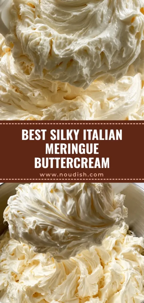 Italian Meringue Buttercream: The Ultimate Silky & Stable Frosting 3 A large swirl of glossy pale ivory Italian Meringue Buttercream being lifted by a white silicone spatula from a stainless steel bowl.