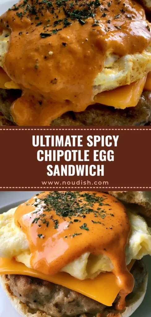 Spicy Chipotle Egg Breakfast Sandwich with Sharp Cheddar 4 A handheld smartphone photo of a Spicy Chipotle Egg Breakfast Sandwich layered with a sausage patty, folded egg, melted cheddar, and dripping orange-red sauce on a white plate.