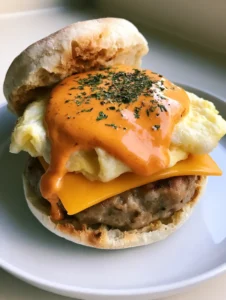 Close up shot of a Spicy Chipotle Egg Breakfast Sandwich showcasing the toasted English muffin nooks, fluffy folded egg, and melted sharp orange cheddar cheese.