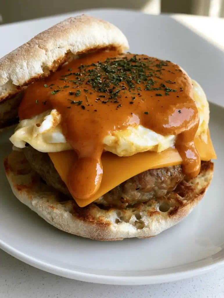 Spicy Chipotle Egg Breakfast Sandwich with Sharp Cheddar 1 A handheld photo of a Spicy Chipotle Egg Breakfast Sandwich showing a generous drizzle of orange-red chipotle sauce sprinkled with dried herb flakes and black pepper.