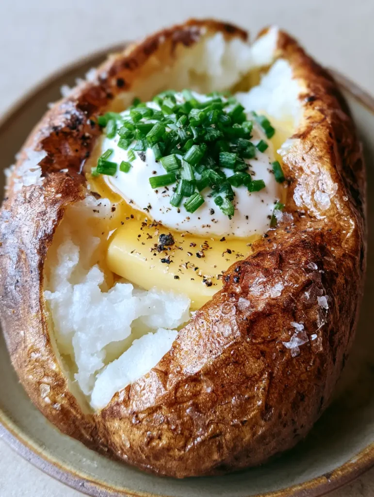 An Air Fryer Baked Potato sliced open lengthwise, steaming interior visible, plated on a rustic ceramic plate.