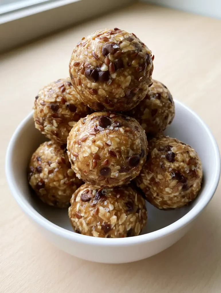Homemade Snacks for Kids: Easy No-Bake Peanut Butter Energy Bites 1 Stacked peanut butter energy bites on a wooden surface.
