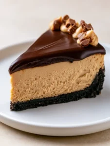 A close-up view of a slice of Chocolate Peanut Butter Cheesecake on a white plate highlighting the thick dark chocolate crumb crust and pale tan center.