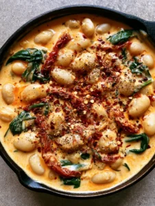 A handheld smartphone photo of a rustic cast iron skillet filled with creamy Marry Me White Beans on a grey stone countertop.
